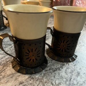 Vintage Pfaltzgraff Coffee Mugs with Copper Holder Set of 2